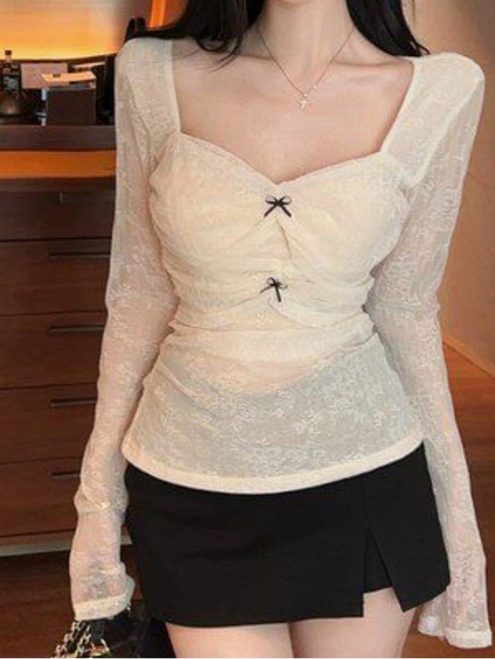 YesStyle Cream Lace Square Neck Long Sleeve Top with Bow Accents